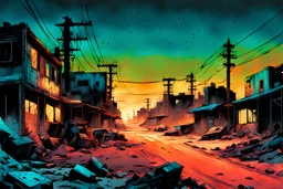 create a hyper detailed 3d illustration of a small post apocalyptic ghost town in the comic art style of FRANK MILLER and BILL SIENKIEWICZ, searing lines and forceful strokes, precisely drawn, boldly inked, with gritty textures, subdued colors, dramatic otherworldly lighting, 8k