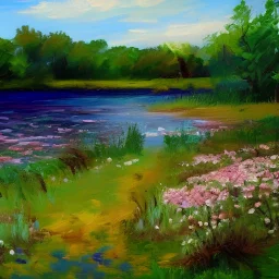 An impressionist oil painting, spring landscape ,water,loose brushstrokes, broken colors, complementary colors,super detailed, oil painting, heavy strokes, paint dripping