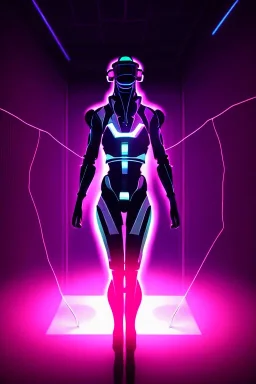 3d, si-fi hunger , far away a girl in the middle, stand on round platform, connected by wires , vr googles, beautifully color coded, super detailed, moody lighting, volumetric lighting, night time, glowing veins, mass effect vertical glow walls