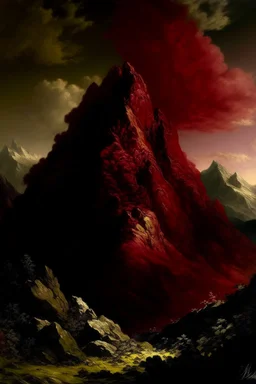 A dark reddish magenta ominous peak designed in Chinese paper art painted by Gustave Courbet