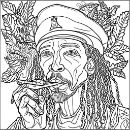 Coloring page for toodlers, with "rastaman smoking marijuana", very Bold outlines and white background, anime style, minimal number of elements, very simple, not very detailed