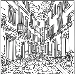 outline art for Old italy street for adults with Old italy street , white background, Sketch styl, only use outline. clean line art, no shadows and clear and well outlined, Intricate Patterns and Details