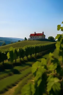 Winery on the top of the hill in the sunny day. In the middle of the vineyards. a label for the red wine the place is in Romania, only line and shadows