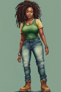 Create a watercolor image of a curvy black female wearing tight cut up jeans and a green tshirt with timberland boots. Prominent make up with hazel eyes. Highly detail dread locs