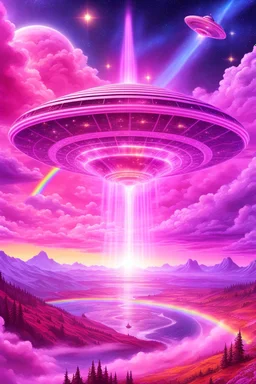 vaisseau interdimensionnel de couleur rose, grands rayonnements, dans un cosmos rose et jeu très étoilé d'or, 8K,ufo rainbow