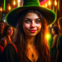 portrait of blessed young witch beauty, wild goblin birthday party on stonebridge background , motion blur, 8k, downlight, soft light, depth of field, photorealism, trending on art station, lotsa detail