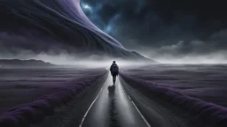 A solitary androgynous figure seen from behind, carrying an oversized heavy backpack, walking alone along a long winding road suspended in a vast dark sky. Surreal abstract dreamscape, the road curving into endless darkness, subtle mist, atmosphere of change, uncertainty and emotional weight, alone caracter, black gray, Dark blue, charcoal and muted purple tones, deep sky, digital art, etheral, atmospheric