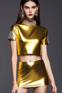 Beautiful perfect Portrait lady, full body shot, full-color long shot ornate gold filigree sheer crop top Tshirt and silver miniskirt positive space dominance