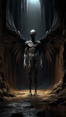 A tall and skinny Angel with wings , thick layer of dark brown corrosion , standing in front of a dark cave entrance behind him ground level , , Bosch painting style , of a nightmare , hyper photorealistic, hyper detailed dark , high resolution, fog, octane render, tilt shift, 8k ,