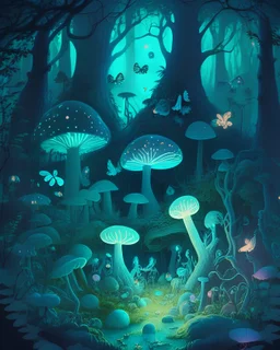 A whimsical forest glade with bioluminescent mushrooms, playful woodland creatures, and a hidden fairy circle.