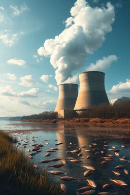 a nuke power plant with a lot of smoke in the sky by the river and show many dead fish and some animals are dead j