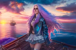 half body shot,realistic portrait of a 20-25 old caucasian model, long blue pink flowing hair, great grey eyes, blue leather jacket,full body, short white skirt,long legs,standing on deck of very big ship, beach of very nice lake with sunset ,clouds,godrayes