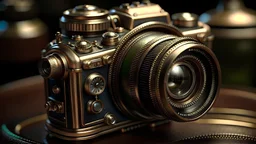 High-end steampunk DSLR camera with telephoto lens,Precisely aligned and perfect circles focus rings,Cinematic-quality photography with a steampunk twist,Aesthetic combination of olive green metallic titanium blue silver, Honey brown pure leather accents for a vintage touch,Art Nouveau-inspired visuals,Utilizing Octane Render 3D technology for realistic 3D representation,Ultra-High-Definition (UHD) visuals with cinematic character rendering,Detailed close-ups to capture intricate complexity,8K.