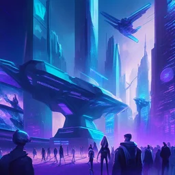 A group of people gather in a futuristic plaza, surrounded by towering skyscrapers and holographic advertisements. The plaza is filled with blue and purple light, and flying vehicles can be seen in the background. Digital art