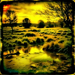 Polaroid detailed spooky landscape strong texture, extreme detail, distress, high contrast, rich colours, Alphonse Mucha