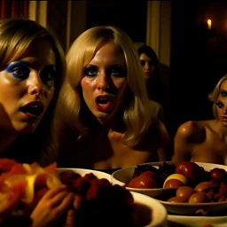 Horror movie shot, hot, ultra realistic, dine, horns, ultra chaos, realistic hot blonde women, party, pieces of meat, organs, hot dynamic, very excited people, hypermaximalist figures, light, 1970's Italian horror movie, sinister,, Dario Argento, Stanley Kubrik, ornate, 4k, photorealism