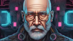 Body part machine Old man, beard, Bald hair, in cyberpunk drawing , neon, intricate details, highly detailed, high details, detailed portrait, masterpiece,ultra detailed, ultra quality