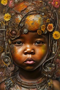 an abstract painting of rusted metal and flowers, african baby portrait, rust, scaffolding, iron cladding, decay, mixed media, textured, anatomically correct, beautiful perfect face, sharp focus, highly detailed