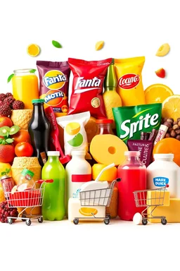 A design filled with various fruit juices, chips, Fanta, Coca-Cola, Sprite, various chocolates, shopping carts, cheese, butter, pasteurized milk, and dairy products in bright, cheerful, and eye-catching colors.