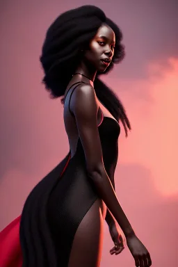 A portrait of a beautiful youthful black witch, with long black flowing hair, wearing a black skintight dress with a red scarf, wizard, magical, ethereal, Warm bright lighting. Concept art by wlop. Ultra quality 8k.