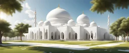 Hyper Realistic massive huge white mosque with white flags on the roofs at a shiny day with grassy pathway, tamarind tree