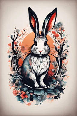 Create a captivating modern 2d colorfull ink tattoo design for print , prestigious Rabbit using the elegant influences of japan art style, for print, dynamic elements from fashion and design, and bold Japanese contemporary art aesthetics, bauhaus, framing centered in the center, distanced from the edges of the paper perimeter,