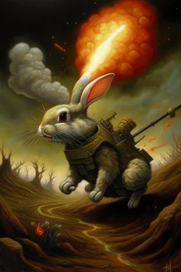 military bunny dragon breath fire like a rocket going in for landing, prize winning oil painting