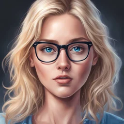 Draw me a picture in a realistic style of a beautiful girl with glasses, looking directly at me, with blue eyes and blonde hair