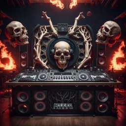 DJ of the damnded, insanely detailed DJ booth in hell, MID set, speakers and equipment made of bone, anatomically correct, add more skulls in th audience, photorealism, vray, 8k 3d