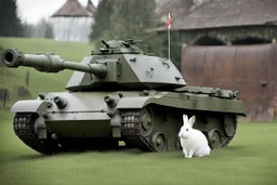 The logical combination of a rabbit and a tank. Photograph.