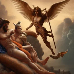 The winged messenger Hermes delivering a message to Zeus but Zeus is a Hydra. Medusa and the Minotaur are fighting in the background. High definition oil painting.