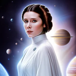 model shoot style, digital art zoomed out portrait of (Princess Leia) ((dressed in white and off white gown)), surrounded by a bulk of planets, ultra-detailed, ultra quality, illustration, eerie atmosphere, 8k, cinematic lighting