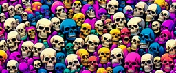 a field of 1000s of cartoonish, anatomically correct, skulls, vivid RANDOM BRIGHT neon colors, dark comedy, well lit, high detail, photorealistic, horrorcore, fun, scary, dead, 100% detail on all drawn, nothing partial or filler, by disney