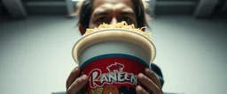 close up portrait of a ramen bucket that looks like a chain saw wielded by serious angry law man, in cinema