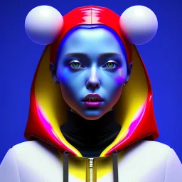 Ukrainian woman, rounded face, bubble gum, heavily made up, blue, yellow, hoodie, feathers, retro, latex, leather, soft color, highly detailed, art stations, concept art, smooth, unreal engine 5, god rays, ray tracing, RTX, lumen lighting, ultra detail, volumetric lighting, 3d, finely drawn, high definition, high resolution, neon background.