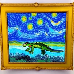 Dibujo al oleo de El cocodrilo del Nilo pintado con muchas nubes de colores estilo Vincent van Gogh