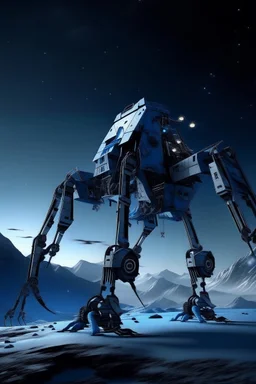 I want an image of a eight legged mechanical walker mech scaling the side of mout everest at night, it has a smooth surface