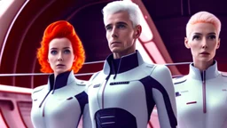 Photorealistic picture of a young man in a flight suit with two tall, slender female androids in biosuits, one with red hair and one with white hair, standing on the bridge of a spaceship.