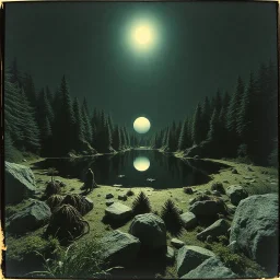 Sublime foto close-up polaroid ad alta definizione di una foresta di conifere falsa, strani mostri, un lago falso, surreale, collage art, dadaism, sublime, splimapys nero, cielo nero, acqua nera riflette un sole nero, macabre piante circondano il lago, alghe, hypermaximalist, Max Ernst style, strangeness, intricate, hypnotic, obsessive, 8k, deep 3d field, very accentuated details of the rocks, eerie, artistic photo, large format film, medium format film