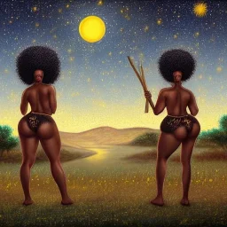 Biologically Female African American Twins, black skin, tall and slender, long afro kinky hair,big brown eyes, long eyelashes warrior wear. Big butts. Gold accents on clothing. Surround by trees. Holding golden spears. Starry night