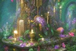 love, high contrast, Tropical flowers,heart drawing, crystals, tropical leaves, sacred altar, Fantasy temple,