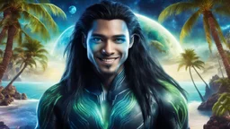 beautiful gorgeous young man na'vi with long hair, Avatar, blue skin, two small ears, green eyes, black hair, in cosmic suit, galactic ambiance, medium pointy goatee , smiling, with spaceship and planets and palm trees and clear crystaline cosmic beach in background