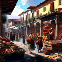 Market in Pompeii houses streets men women children in the streets before destruction digital art hyper-detailed realistic summer weather 8k movies