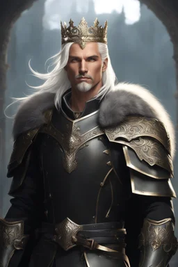 Male Tan Human, White Hair, Handsome Face, Wearing A Magical Crown, Black Heavy Armour, Dark colours theme, Dark Background, Paladin Greatsword Strapped to his Back