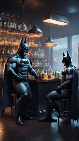 ,surrealism of the dark of a nightmare , hyper photorealistic, hyper detailed bright art color, high resolution, fog, octane render, tilt shift, HDRI Environment, all pictures dark gray, Batman and trump chatting in a bar
