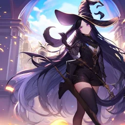 Clear focus,High resolution, black long fluffy hair, long fluffy bangs, purple eyes, wearing a witch outfit, wearing black shorts