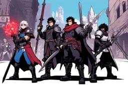[wii No More Heroes style with thick lines] a group of three mystic adventurer with medieval weapons in the street of a cryptic version of mega city one