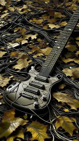 black vein, human veins, mixing together a lot of them, like a forest, big and small veins a lot of them, a guitar is on the floor covered leaves