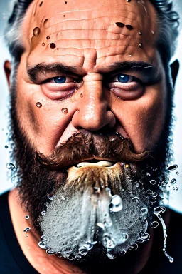 extreme close up photography, dirty burly chubby sicilian ugly strong 55 years old redneck man with the tongue out , full of splashing milk in the face dripping on the beard, with dirty tank top, emotional eyes, manly chest, photo, Canon EOS, lens 35mm, natural lights, 8K, in the morning -