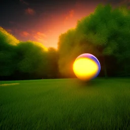 blue sphere on the left, green meadow, sunset, photorealistic, 8k